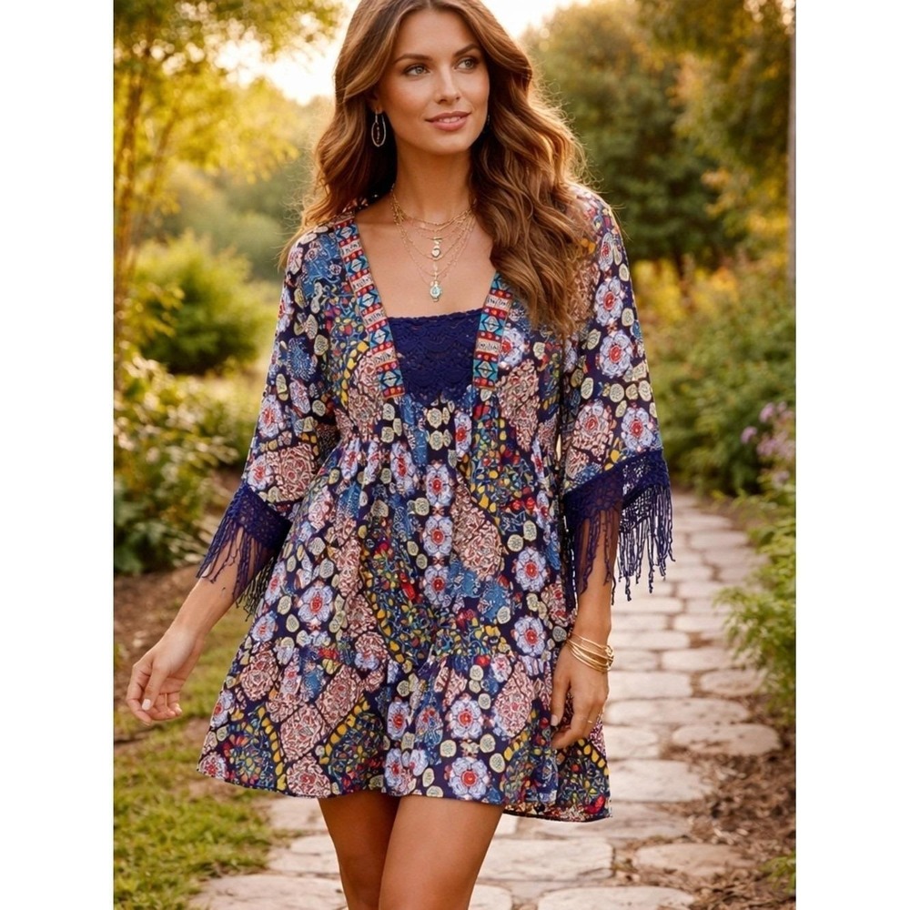 live and let live Navy Multicolor Floral‎ Crochet-Trim Mini Dress w/Fringe sz M